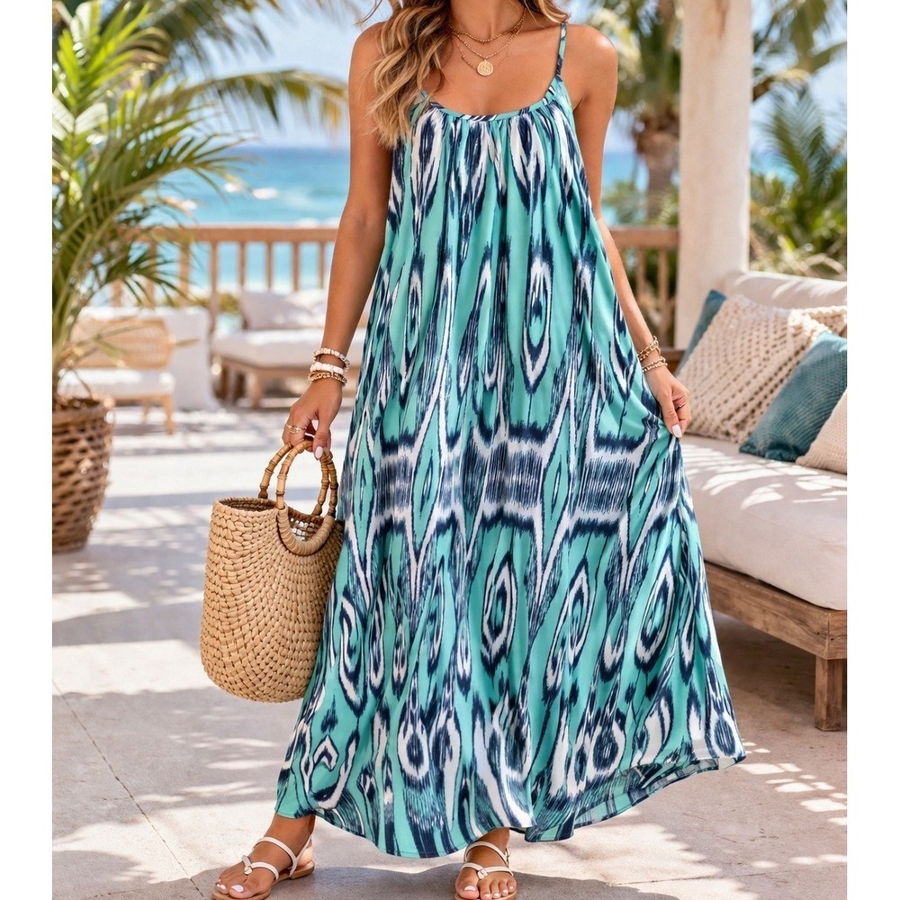 NWT PinkBlush Boho Maxi Dress Small Oversized Teal Print Flowy Vacation